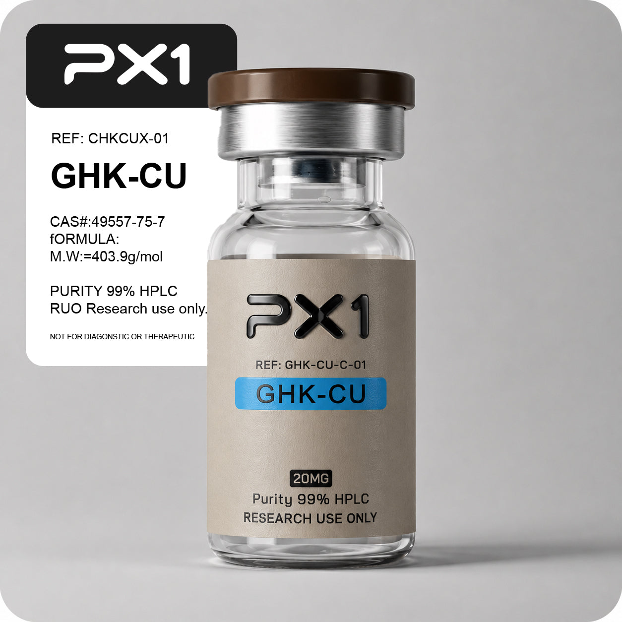 PX1 GHK-Cu research peptide vial, 99% HPLC purity, research use only