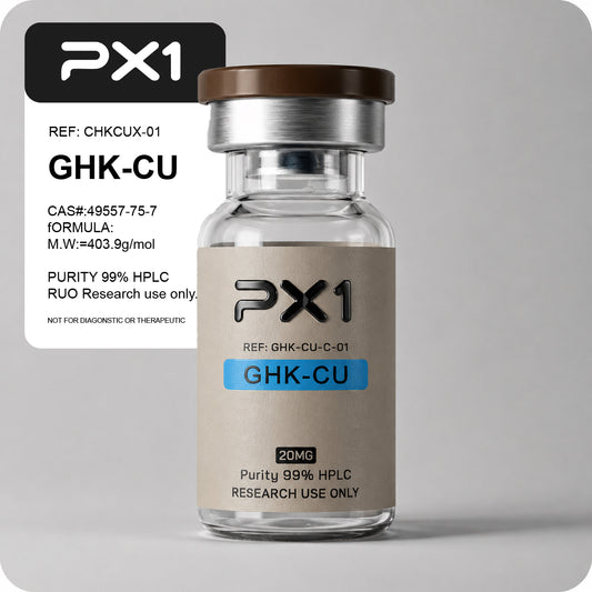 PX1 GHK-Cu research peptide vial, 99% HPLC purity, research use only