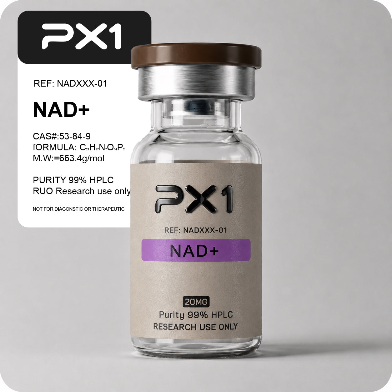 PX1 NAD+ research peptide vial, 99% HPLC purity, research use only