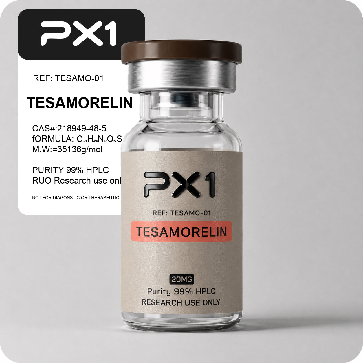 PX1 Tesamorelin research peptide vial, 20mg, 99% HPLC purity