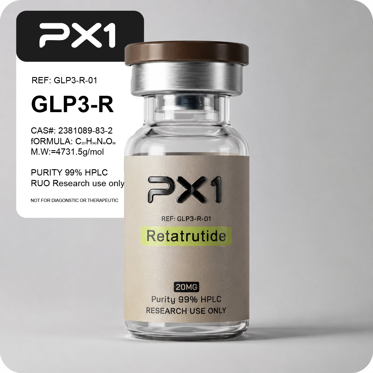 PX1 Research GLP3-R Retatrutide vial, 20mg, 99% HPLC purity, research use only